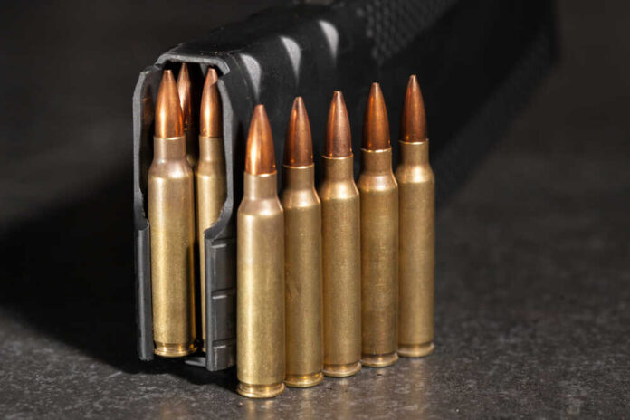 Live,223,Ammunition,Lined,Up,Next,To,Magazine.
