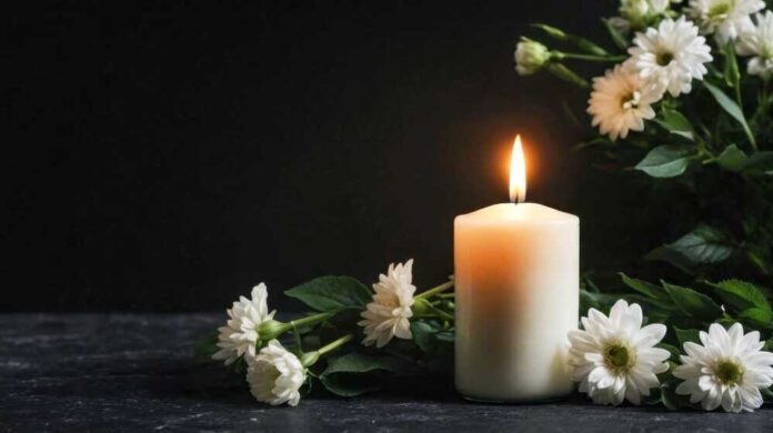 Burning,Candlelight,And,White,Flowers,Tribute,Condolence,Memorial,Service,Announcement.