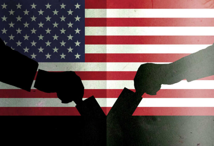 Silhouetted handshake over United States flag background