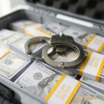 Briefcase with handcuffs and stacks of US dollars