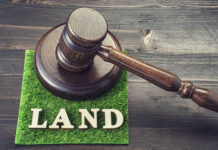 Gavel on grass with the word land