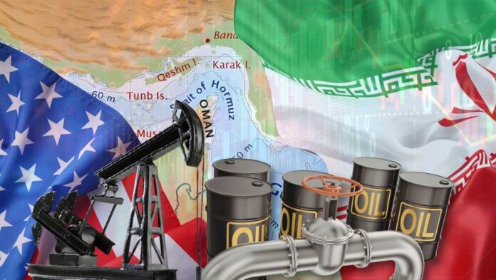 An illustration featuring oil barrels, an oil pump, and flags of the USA and Iran over a map of the Middle East