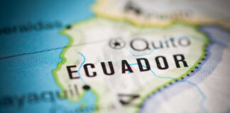 Close-up of a map highlighting Ecuador