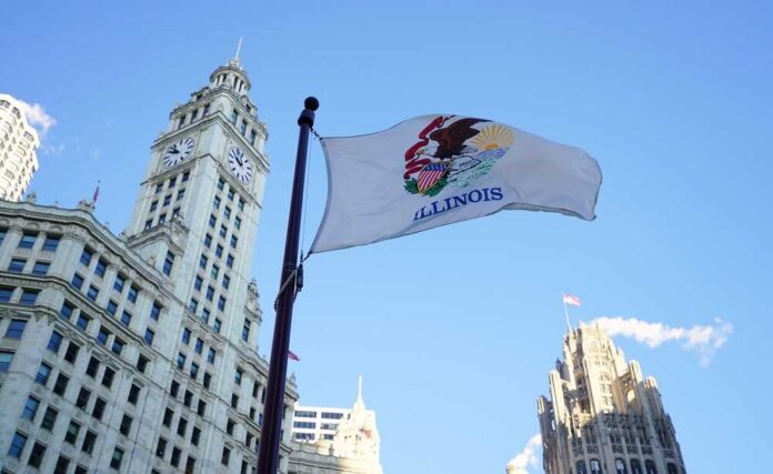 shutterstock_552341809.jpg Illinois state flag waving in front of historic buildings against a blue sky