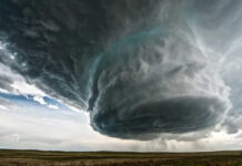 Massive storm cloud over open field sky threatening