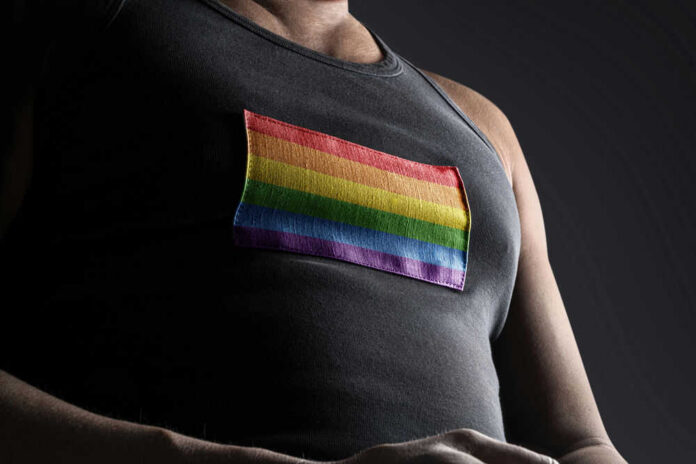 Person wearing shirt with rainbow flag patch