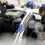 Police officers detaining person in back of patrol car.
