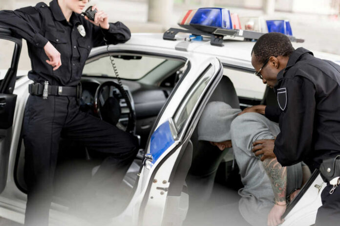 Police officers detaining person in back of patrol car.