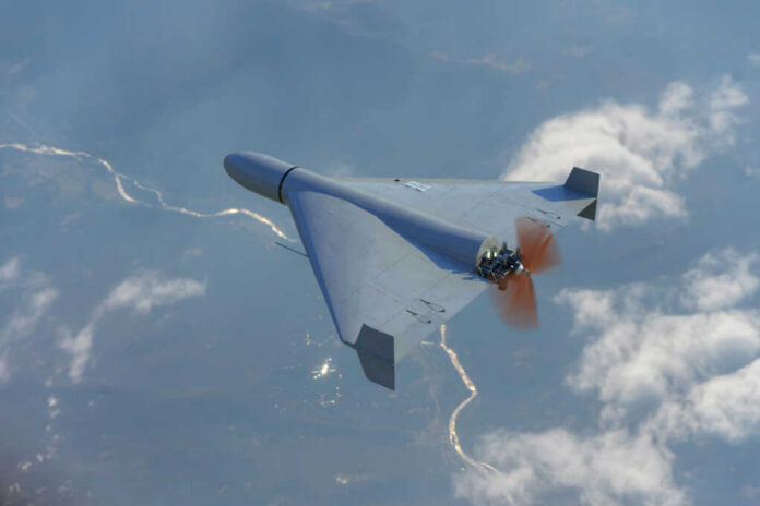 Drone flying over landscape with clouds and river