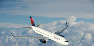 Delta Air Lines airplane flying above the clouds