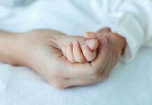 Adult hand holding a babys hand tightly