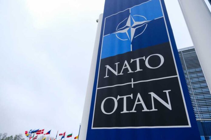 NATO sign with flags in the background