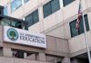 Exterior view of the U.S. Department of Education building with an American flag