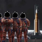 Four astronauts in orange suits standing in front of a rocket with the moon in the background