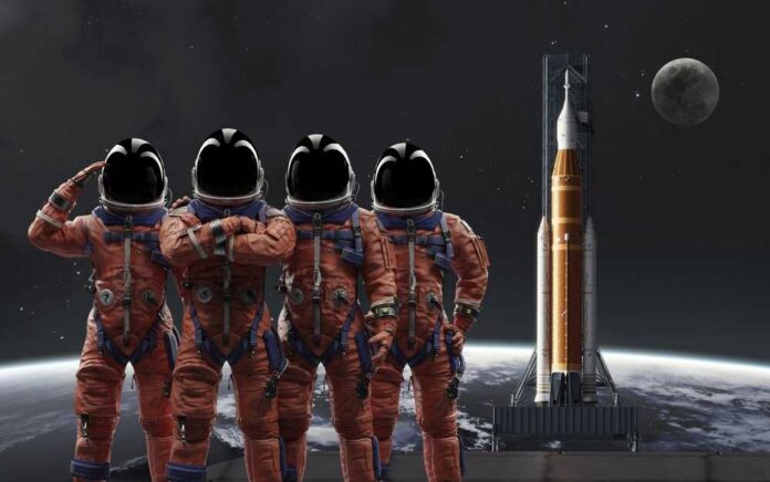 Four astronauts in orange suits standing in front of a rocket with the moon in the background