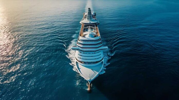 Aerial view of a large cruise ship sailing on calm ocean waters
