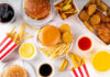 Fast food with burgers fries nuggets and drinks