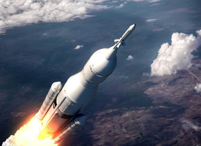 satellite75687123 Rocket launching above the Earth.