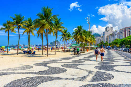 A coastal walkway lined with palm trees and beachgoers enjoying a sunny day