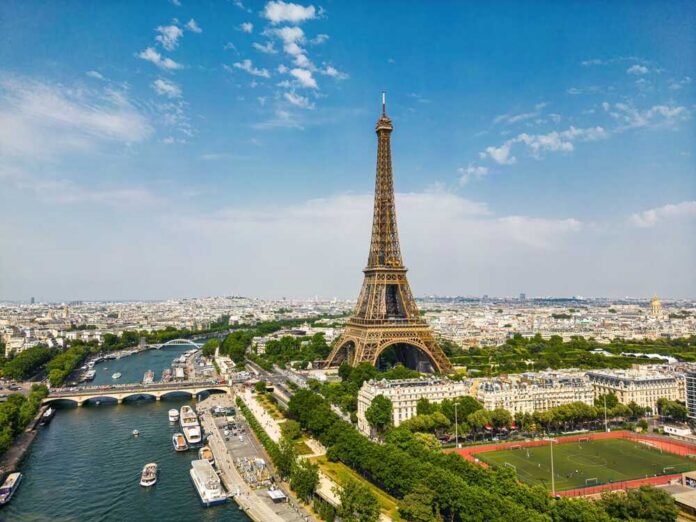 Paris,Aerial,Panorama,With,River,Seine,And,Eiffel,Tower,,France Aerial view of the Eiffel Tower in Paris with the Seine River and cityscape