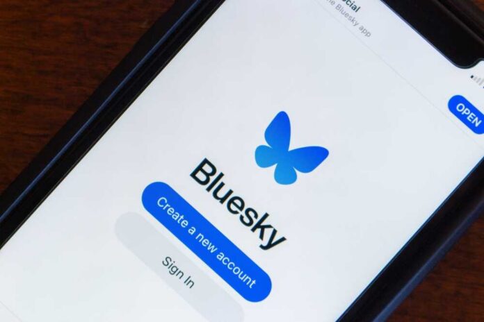 Mobile phone displaying the Bluesky app login screen