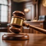 A wooden gavel resting on a courtroom table with a scale of justice in the background