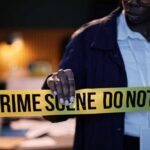 Chilling 911 Line Precedes Hollywood Stabbing Police officer holding crime scene tape