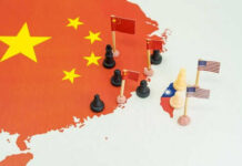 Map with chess pieces and flags on China