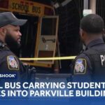 Wild Bus Wreck—Cause Still A Mystery School bus carrying Maryland School for the Blind students crashes into Parkville building