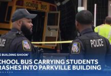 Wild Bus Wreck—Cause Still A Mystery School bus carrying Maryland School for the Blind students crashes into Parkville building