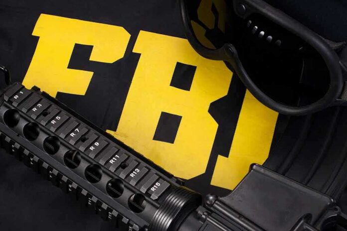 FBI lettering with tactical rifle and goggles