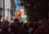 Times Square Overrun Before Final Crowd with Spanish flags in a city street