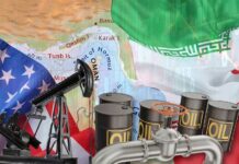 Iran Tries Tollbooth On The World An illustration featuring oil barrels, an oil pump, and flags of the USA and Iran over a map of the Middle East