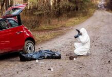 Murder Scene Collapses Under Forensics forensic investigator photographing evidence near red car on dirt road