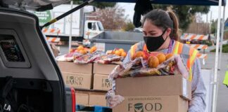 Volunteer loads food bank box with produce into car trunk