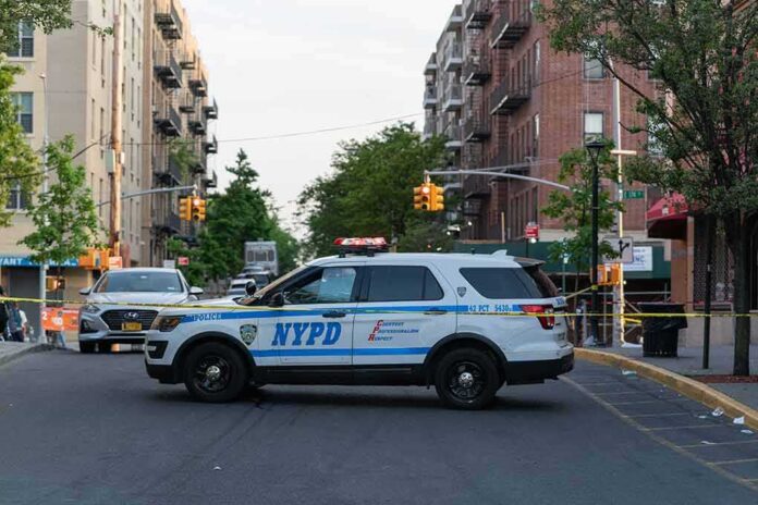 NYPD police SUV blocking a city street at a taped-off scene