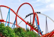 Viral Coaster Freeze Misleads — Here’s Why Colorful roller coaster with riders on a sunny day