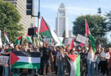 Protesters holding Palestinian flags gather in a city street