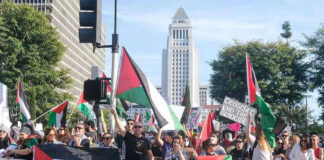 Protesters holding Palestinian flags gather in a city street