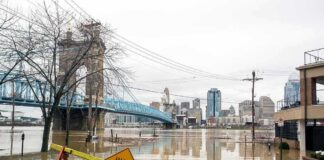 Flooded riverfront with bridge and city skyline
