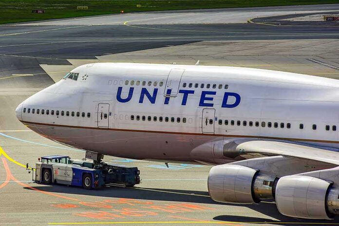 United Airlines Boeing 747 being towed on an airport taxiway