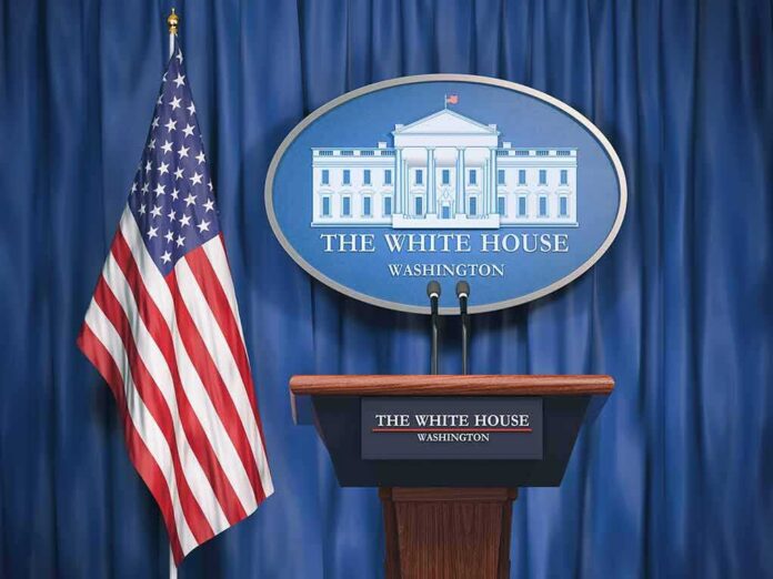 White House press briefing podium and US flag