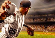 Baseball pitcher winding up to throw in a packed stadium
