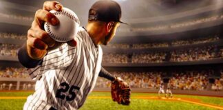 Baseball pitcher winding up to throw in a packed stadium