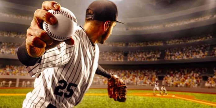 Baseball pitcher winding up to throw in a packed stadium
