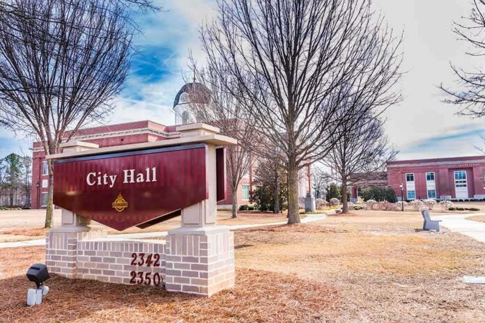 City Hall sign in front of a red-brick municipal building