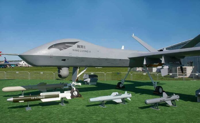 Wing Loong II drone on display with missiles and bombs