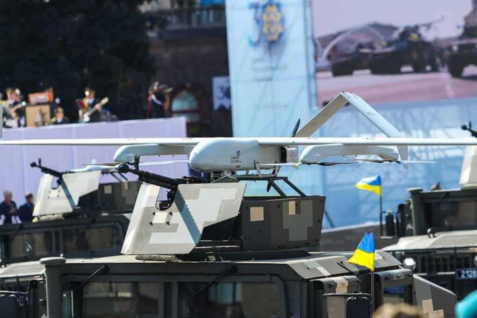 Military drone mounted on armored vehicle