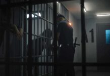 police officer at a jail cell with detainees behind bars