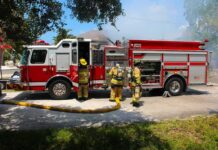 Firestorm Halted, Cat Comes Home Fire truck with firefighters operating hoses on a residential street
